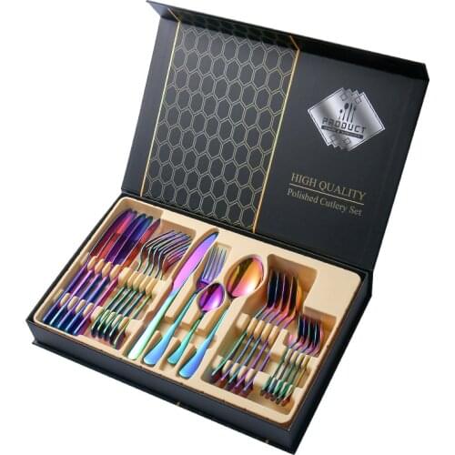 Stainless steel tableware set gift box custom western food cutlery set of 24 pieces gold spoon and fork set