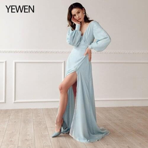 Sky Blue Open Back Silk Maternity Formal Dress Minimalist Long Sleeve Wedding Bridal Dress Prom Party Gown Side Slit YEWEN