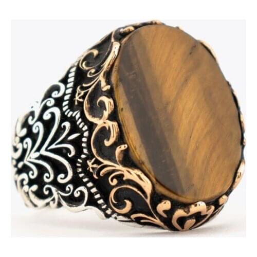 New Fashion Pure S925 Silver Rings For Men Oval Tiger Eyes Stone Handmade Men’s Rings New Fashion Thai Silver Rings Jewelry