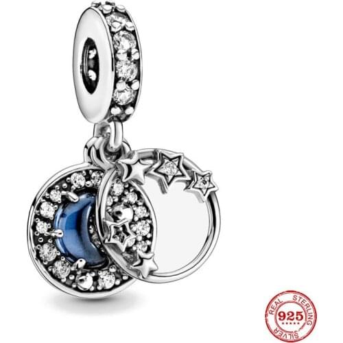 New Original Silver Color Blue Moon Star Dangle diy Bead Fit European Pandora Charms Bracelet Bangles Diy Jewelry P065