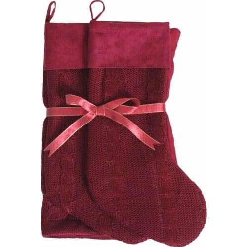 Gift Set 2pcs Christmas stocking with 2 pcs Cushion Cover Burgundy Cable Knit High Quality Christmas Set P4084