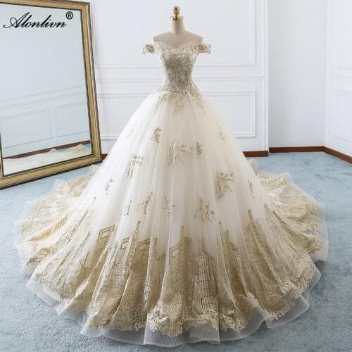Alonlivn Real Photo Glisten Appliques Lace Beaded Pearls Wedding Dresses Lace Up Long Train Floor-Length For Wedding