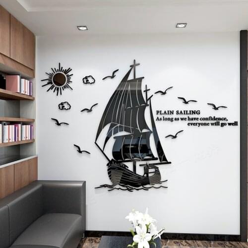 Sailboat Acrylic 3d Mirror wall stickers Living room company office sofa wall art decor Gold Mirror wall sticker Smooth sailin