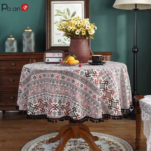 Retro Chinese Knot Printing Cotton Linen Tassel Round Tablecloth Square Restaurant Coffee Shop Table Coffee Table Cover Towel
