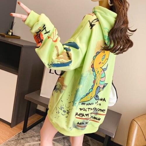 Autumn Women Sweatshirts Oversized Hooded Kawaii Dinosaur Printing Vintage Clothes Aesthetic Long Sleeve Pullover Tops