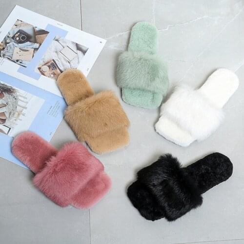 2020 Winter Fashion Women Slippers Faux Fur Solid Color Slip-on Warm Slippers Comfortable Flats Female Slides Casual Home Shoes
