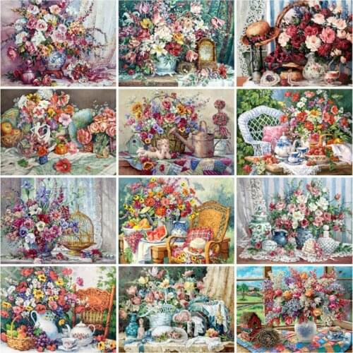 Yujohom Diamond Painting Rose Cross Stitch Flower 5D Diamond Embroidery Peony Mosaic Crystal Rhinestone Picture Vase Handicraft