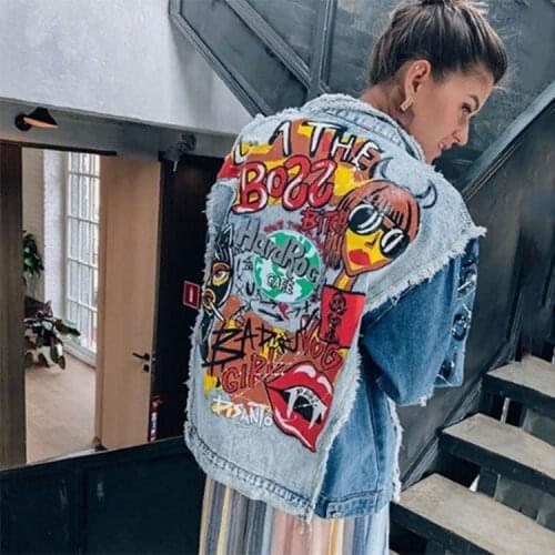 Spring Autumn Fashion Stylish Punk Style Womens Ladies Ripped Hole Cool Denim Jacket Graffit Print Patchwork Coat For Woman NZ02
