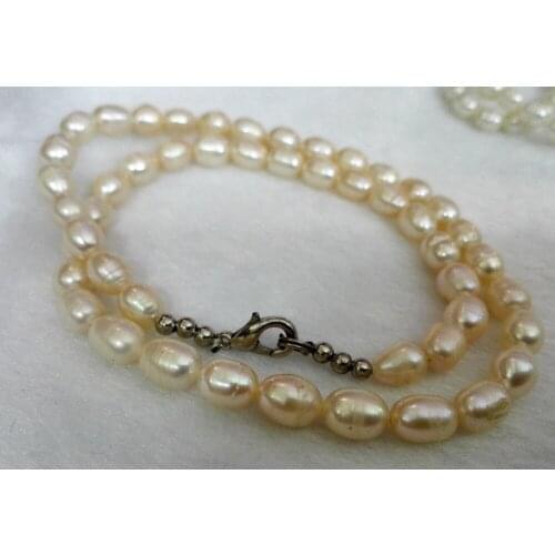 Women Classic Jewelry 7-8mm pink oval round pearl necklace real natural freshwater pearl 17inch / 45cm