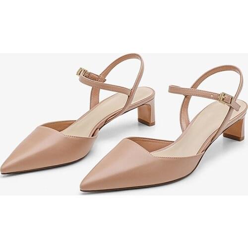 High Heels Women Pumps Leather Thick Heel High Heel Slingbacks Shoes Real Leather Buckle Pointed Toe Shoes Lady Size 33-42