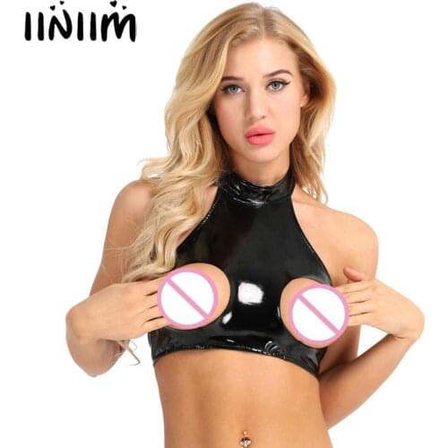 Sexy Women Wetlook Exotic Tanks Halter Neck Backless Fetish Latex Bra with Nipple Hole Novelty Open Bust Crop Tops for Womens