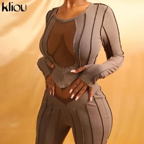 Kliou Hollow Out Mesh Solid Two Piece Outfits Women Autumn Long Sleeve Crop Top And Pants Matching Sets Female Casual Streetwear