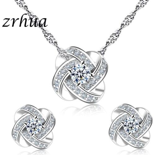 ZRHUA Original 925 Sterling Silver Jewelry Sets Stylish Pendant Necklace Earrings Set for Women Female CZ Christmas Gift