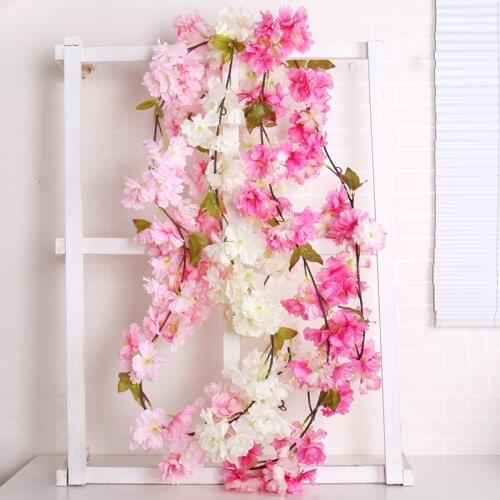 177cm Sakura Cherry blossoms flowers vines rattan silk artificial flowers Home party Wedding decor wall Hanging Wreath Garland