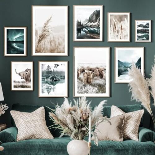 Beige Reeds Meadow Cow Sheep Mountain Rocky Lake Wall Art Prints Canvas Painting Nordic Poster Decor Pictures For Living Room