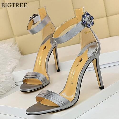 Ankle Rhinestones Buckle Sexy Sandals Summer Women Shoes Open Toe Silk High Heel Pumps Platform Crystal Dress Wedding Shoe Woman