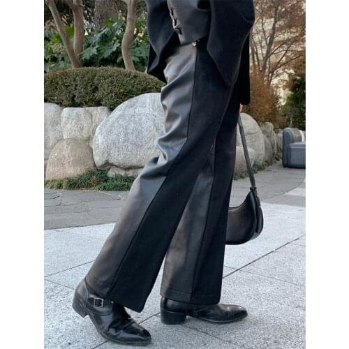 Korean Black Leather Pants Mens Fashion Casual Wide-leg Pants Men Streetwear Loose Hip-hop Straight Leather Trousers Mens