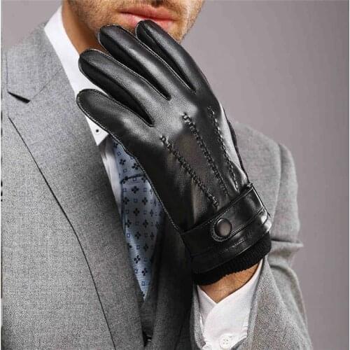 2020 New Mens Genuine Leather Gloves Male Cashmere Knitted Lined Black Lambskin Leather Gloves Belt Button M016WZ-1