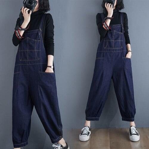 Thin Pocket High Waist Denim Bib Women Slim Korean Pants Jeans Loose Straight Nine-point Overalls Jumpsuit Trousers