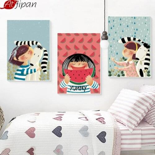 Atfipan Framed Girl Dog Watermelon Nordic Painting Cartoon Animals Canvas Posters Pictures For Kids Room Decor Wall Artwork