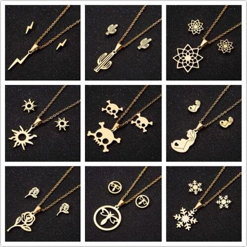 Oly2u Stainless Steel Gold Snowflake Rose Flower Jewelry Sets Punk Skull Earrings Cute Cactus Necklaces for Women Christmas Gift