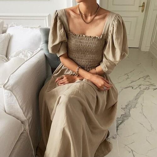 Korean Chic Summer French Retro Thin Square Collar Exposed Clavicle Fold Design Waist Puff Sleeve Dress