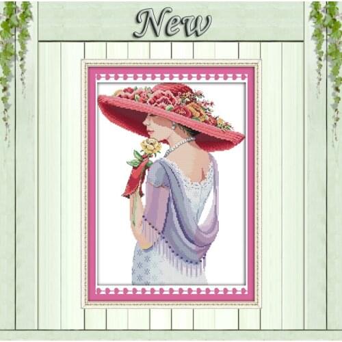 Beauty woman flowers hat diy painting Counted Print on canvas DMC 11CT 14CT chinese Cross Stitch kits Needlework Sets embroidery