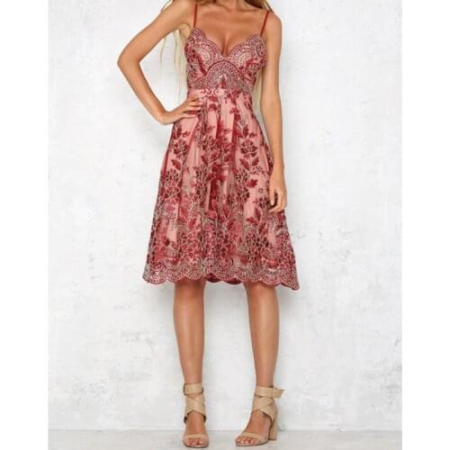 Embroidery Lace Party Dress Sexy Fashion V Neck Sleeveless Dresses 2021 Backless Lace Up Elegant Spaghetti Strap Dress Women