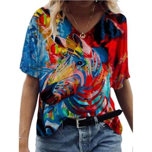 Summer Women Animal Print T Shirt Short Sleeve Loose Tops Casual V-Neck 3D Colorful Printing T Shirts Female Streetwear Tops Tee