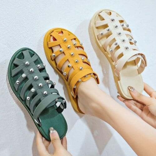 Fashion Rivet Women Shoes Sandals Slippers Dual Wear Summer Hollow Out Slides Roman Shoes Chaussures Femme Flat Beach Sandals