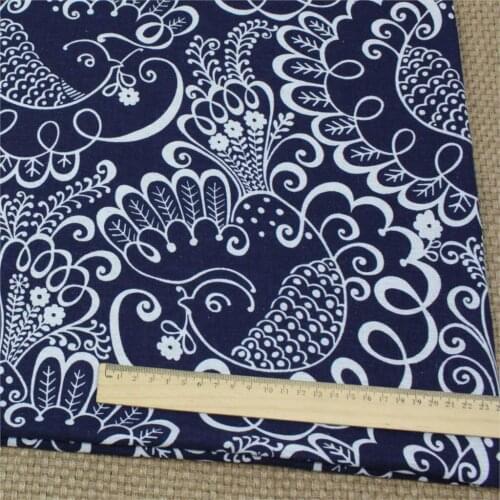 Chinese Blue Lucky Bird Printed Soft Linen Cotton Fabric for Sewing Dress Cloth Curtain Decorations Tissue 50x140cm 1Pcs/Lot