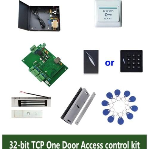 32-bit access control kit,TCP one door access control+powercase+180kg magnetit lock+U-bracket+ID reader+button+10 tag,sn:kit-T04