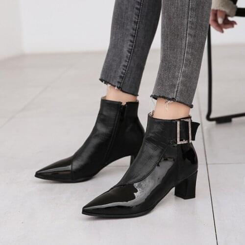 Sexy Pointed Toe Patchwork Single Ankle Boots Small Big Size Square High Heel Buckle Women Patent Leather Pumps Women Shoes