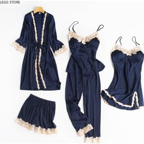 5 Pieces Pajama Set Sexy Lace Satin Sleepwear Women Summer Spring Fashion Pajamas For Women Robe Sleep Lounge