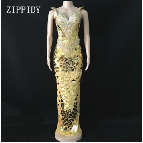 Birthday Dresses Rhinestone Costume Prom Celebrate Grey Bling Dresses 3 Colors Bright Sequins Mirrors Dress Women Evening