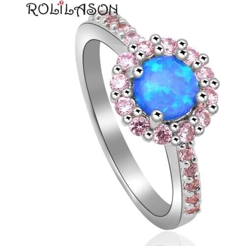Lovely Pink Inlay Round Blue Fire Opal silver color Stamped Crystal Jewelry Rings USA #7#8#9#10 OR713