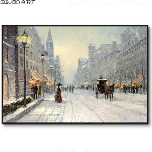 Professional Artist Hand-painted High Quality Snowing Carriage Street Landscape Oil Painting Winter Paris Street Oil Painting