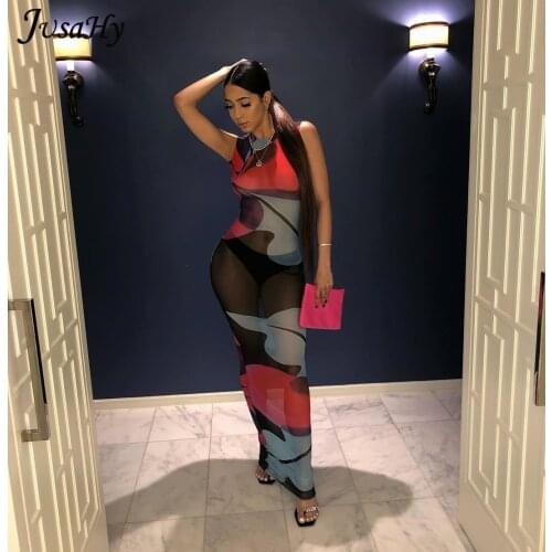 JuSaHy Sexy Mesh See Through Patchwork Maxi Dresses for Women Summer Vintage Midnight Clubwear Slim Bodycon Dress Female Outfits