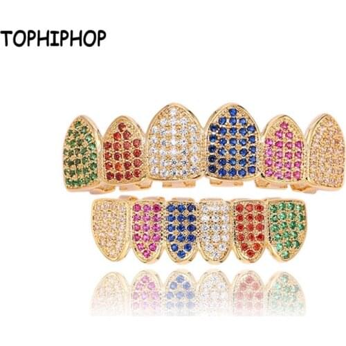 TOPHIPHOP Hiphop Teeth Grill Gold Silver Grillz Multicolor Bling CZ Top and Bottom Teeth Griils Dental Accessories Party Jewelry