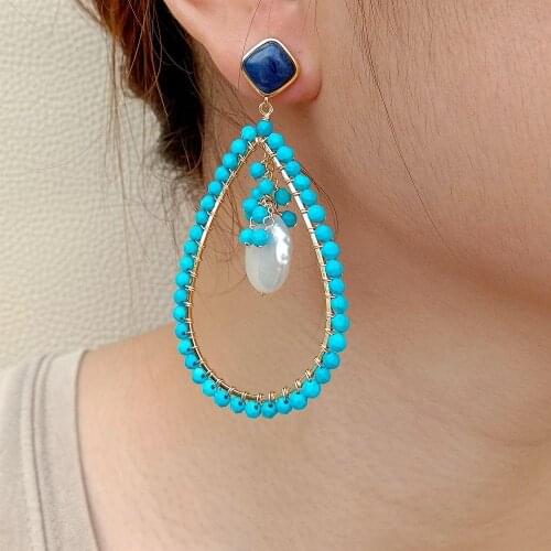 YYGEM Handmade Teardrop Blue Turquoise Wrap White Coin Pearl Blue Sodalite Dangle Stud Earrings ethnic style for women
