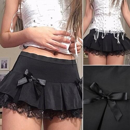Womens Lace Patchwork Pleated Skirts A-Line Mini Skirt Aesthetic Tie Up Streetwear Gothic Girl Party Outfits