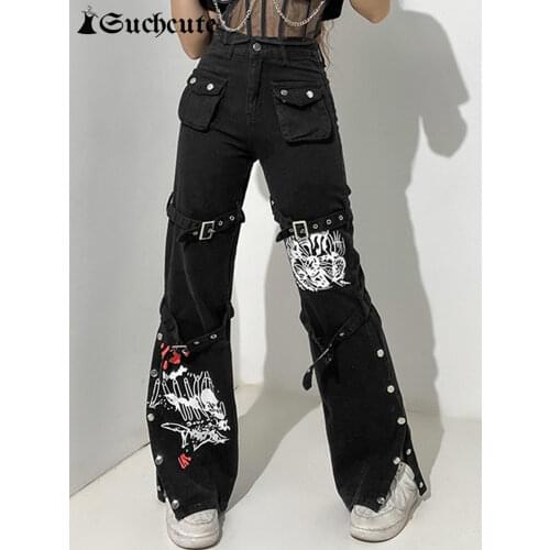 SUCHCUTE Gothic Bandage Women Baggy Jeans Aesthetic Harajuku Cartoon Print Black Denim Trousers Dark Academia Hight Waist Pants