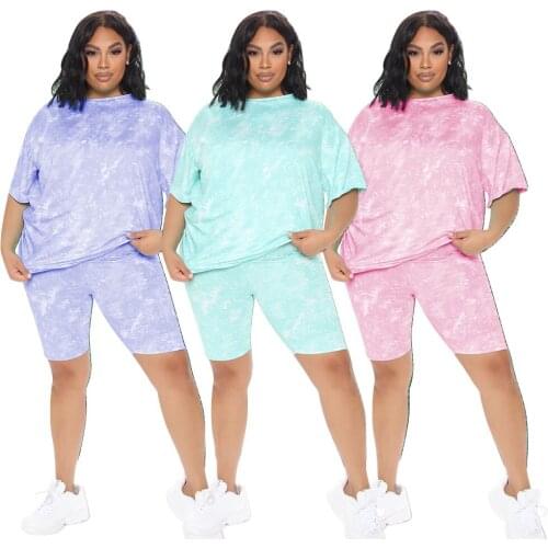 Tie Dye Printing Casual Tracksuits Women Plus Size Round Collar Loose T-shirts + High Waist Skinny Biker Shorts Fashion Outfits