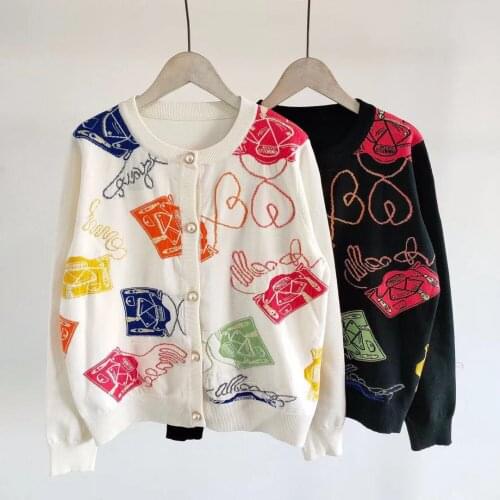 Letters Women Knitted Cardigan Abstract Pattern Single Breasted O-Neck Casual Long Sleeve Streetwear Sweaters Outwear Pull Femme