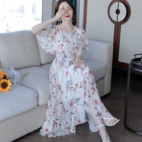 Floral Bohemia Dress Womens Summer 2021 New French Style Temperament Chiffon Long Dress Fashion Cloak Sleeve OL Robes zh880