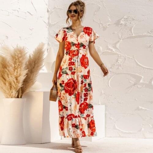 Women Boho Maxi Dress New Summer V Neck Floral Print Lace Up Button Long Dresses Fashion Short Sleeve Ruffles Beach Female Robe