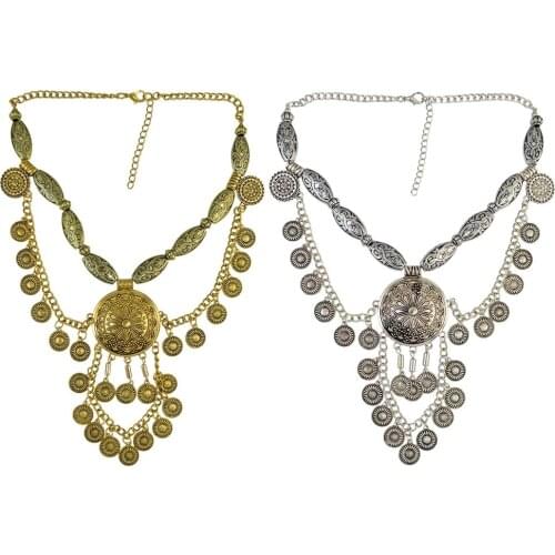 Bohemian Vintage Charm Necklace Carved Flower Tassel Pendant Chain Drop Long Alloy Necklaces for Women ethnicJewelry