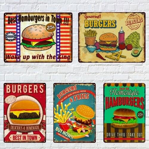 ZJY Metal Wall Decor Hamburgers Vintage Signs Pub Bar Cafe Garden Decoration Art Painting Home Decor Size:20*30cm
