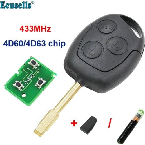 3 Button 433mhz Remote Key with Transponder 4D60 Carbon/glass chip or 4D63 chip or NO chip For FORD Focus Mondeo Transit Connect