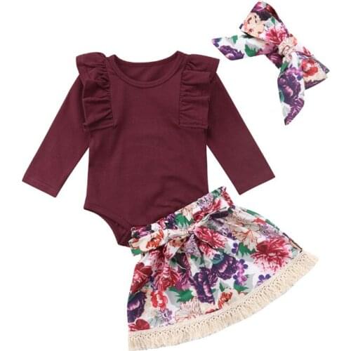 3Pcs Autumn Winter Clothes For Girls 2018 Pretty Newborn Baby Girls Ruffles Long Sleeve Tops Romper Floral Print Skirts Outfits